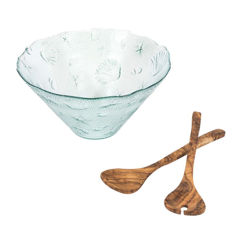  French Home Recycled Glass Coastal Salad Bowl & Olive Wood Server Set - Clear - Bonton