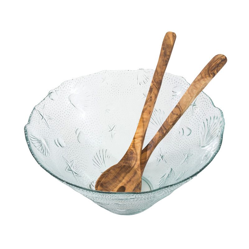  French Home Recycled Glass Coastal Salad Bowl & Olive Wood Server Set - Clear - Bonton