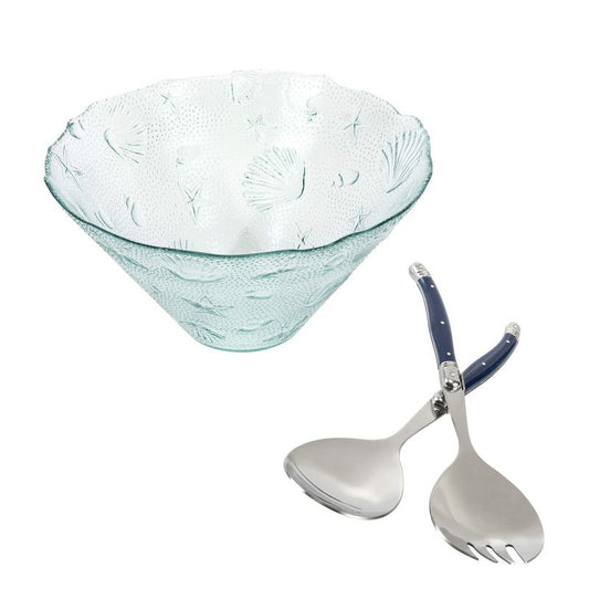 Recycled Glass Coastal Salad Bowl & Laguiole Salad Servers