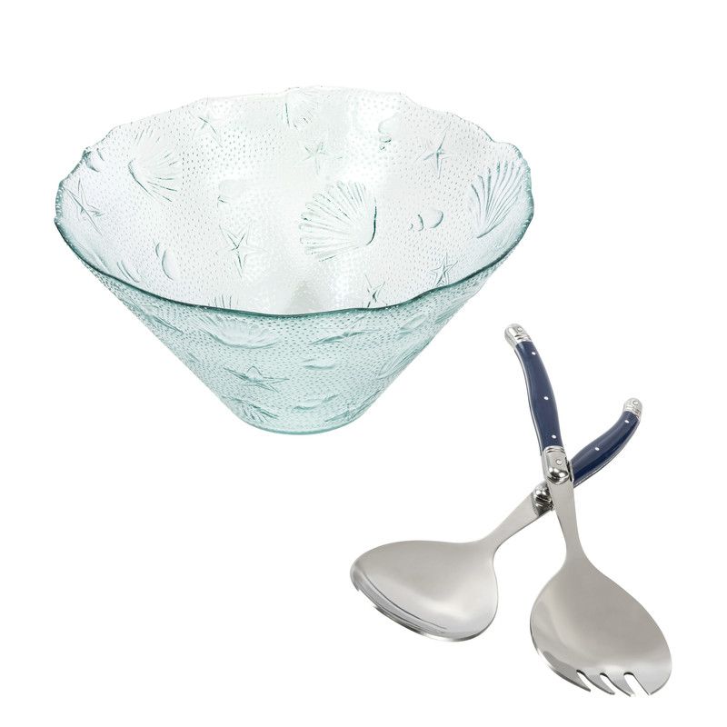  French Home Recycled Glass Coastal Salad Bowl & Laguiole Salad Servers - Clear glass. Ivory servers - Bonton