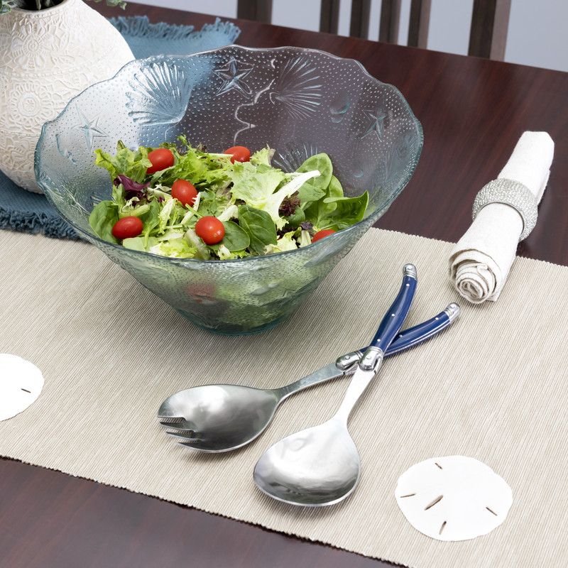  French Home Recycled Glass Coastal Salad Bowl & Laguiole Salad Servers - Clear glass. Ivory servers - Bonton