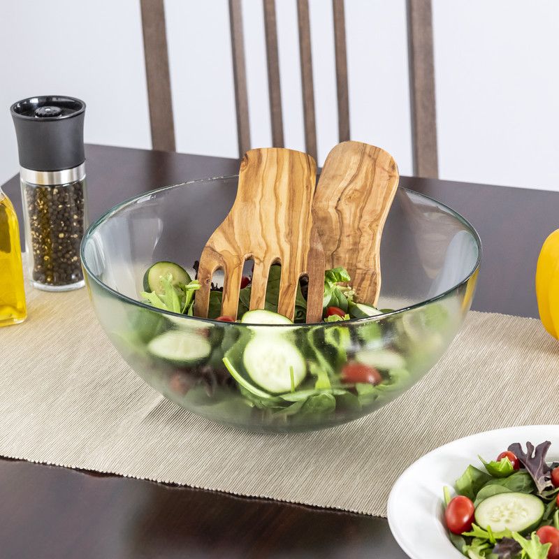  French Home Recycled Glass Urban Salad Bowl & Olive Wood Server Hands - Clear / Olive Wood - Bonton