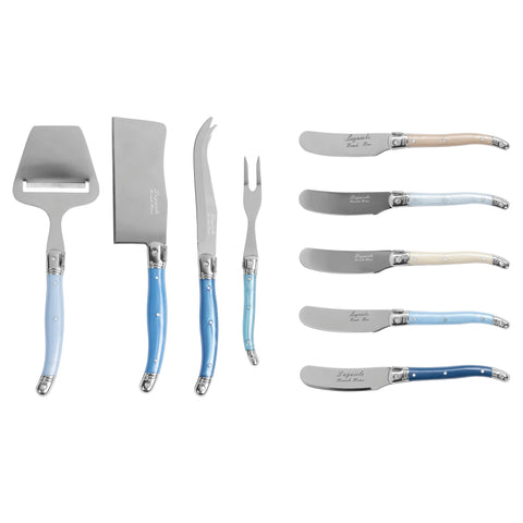 Essential 9-Piece Laguiole Cheese Knife and Spreader Set With Shades of Blue Handles