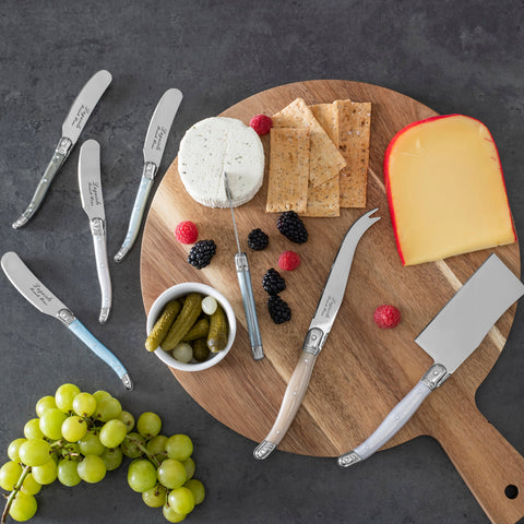 Laguiole Cheese Knife and Spreader Set With Mother of Pearl Handles and Wood Board