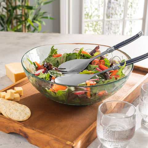 Recycled Glass Celebration Salad Bowl With Navy Laguiole Serving Utensils