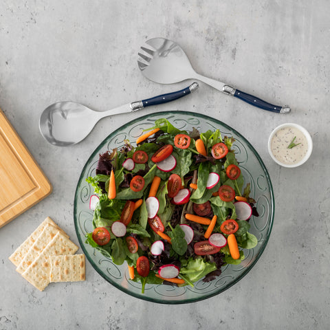 Recycled Glass Celebration Salad Bowl With Navy Laguiole Serving Utensils