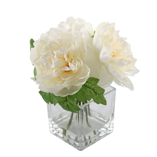 Ivory White Silk Peony Arrangement In Glass Cube Vase