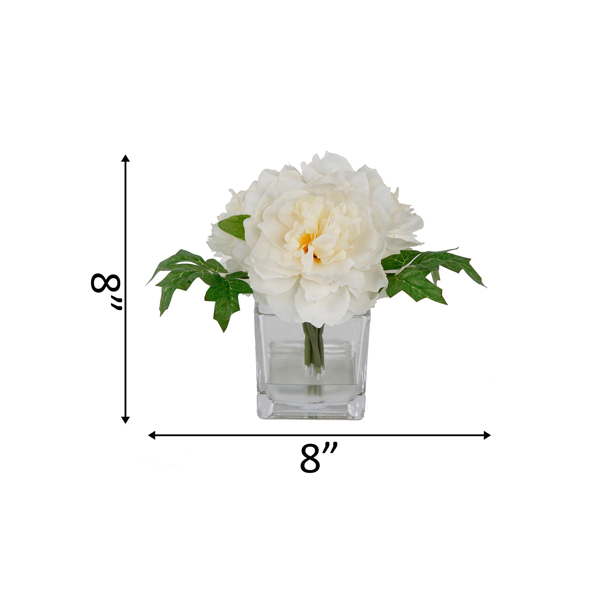  Flora Bunda Ivory White Silk Peony Arrangement In Glass Cube Vase - Cream - Bonton