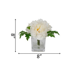 Ivory White Silk Peony Arrangement In Glass Cube Vase