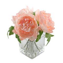 Soft Pink Silk Peony Arrangement In Cube Glass Pot