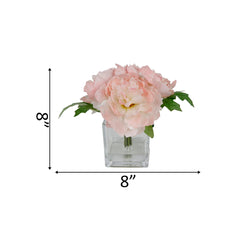 Soft Pink Silk Peony Arrangement In Cube Glass Pot