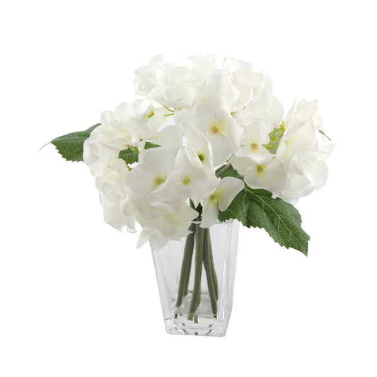 White Silk Hydrangeas In Tall Rectangle Glass Vase