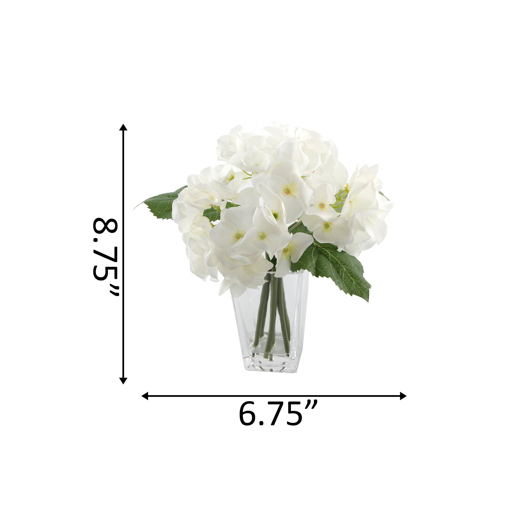  Flora Bunda White Silk Hydrangeas In Tall Rectangle Glass Vase - White - Bonton