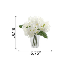 White Silk Hydrangeas In Tall Rectangle Glass Vase