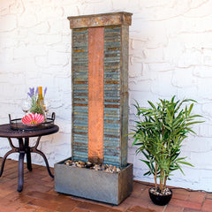 48"H Electric Natural Slate with Copper Accents Rippled Column Water Fountain with LED Spotlight