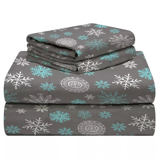 Luxury Flannel Sheet Set Snowflakes Grey