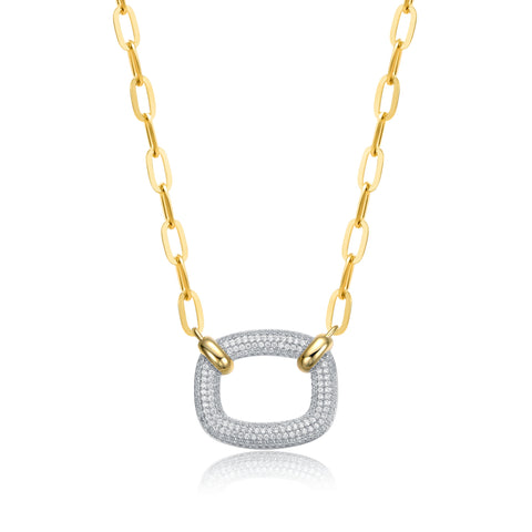 14k Yellow Gold Plated With Clear Cubic Zirconia Square Pendant Necklace