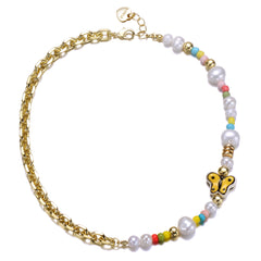 Kids 14k Gold Plated Multi Color Beads With Freshwater Pearls and a Butterfly Charm Necklace