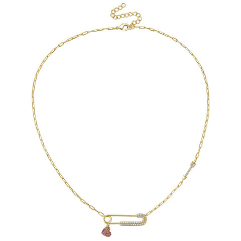 Children's 14k Gold Plated With Ruby & Cubic Zirconia Heart Charm Dangle Paperclip Adjustable Length Necklace
