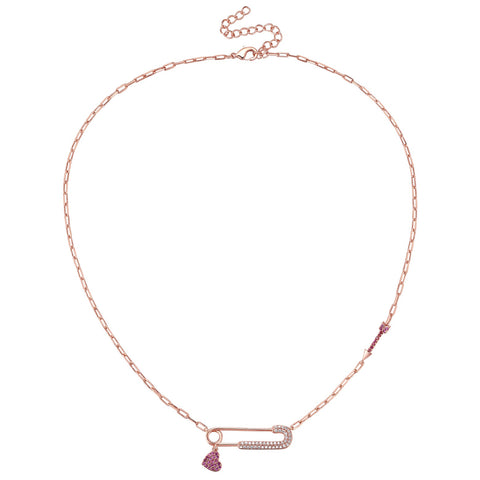 Children's 14k Gold Plated With Ruby & Cubic Zirconia Heart Charm Dangle Paperclip Adjustable Length Necklace
