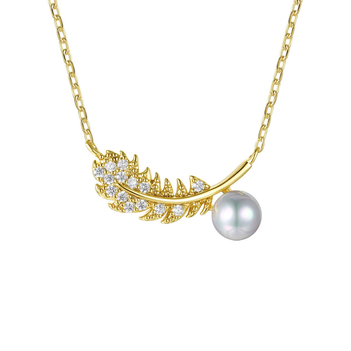  Genevive 14k Gold Plated Sterling Silver With Cubic Zirconia & Faux Pearl Fern Leaf Pendant Necklace - Clear - Bonton