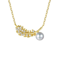 14k Gold Plated Sterling Silver With Cubic Zirconia & Faux Pearl Fern Leaf Pendant Necklace