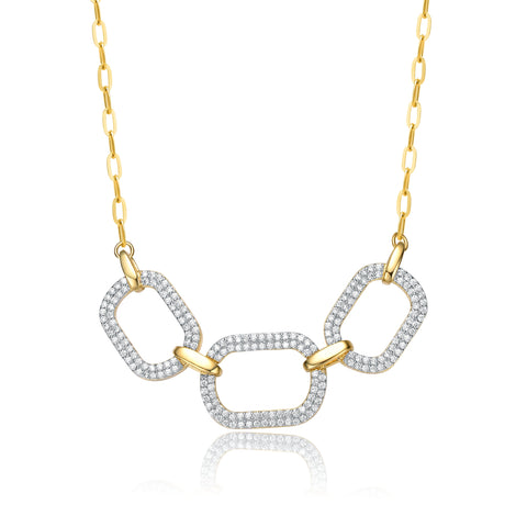 14k Gold Plated With Cubic Zirconia Pave Geometric Oval Chain Necklace