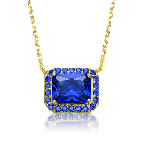14k Yellow Gold Plated With Radiant Cut Blue Sapphire Cubic Zirconia Solitaire Halo Petite Pendant Necklace