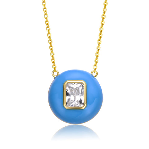 Teens 14k Gold Plated With Cubic Zirconia Radiant Solitaire Blue Enamel Small Round Pendant Necklace