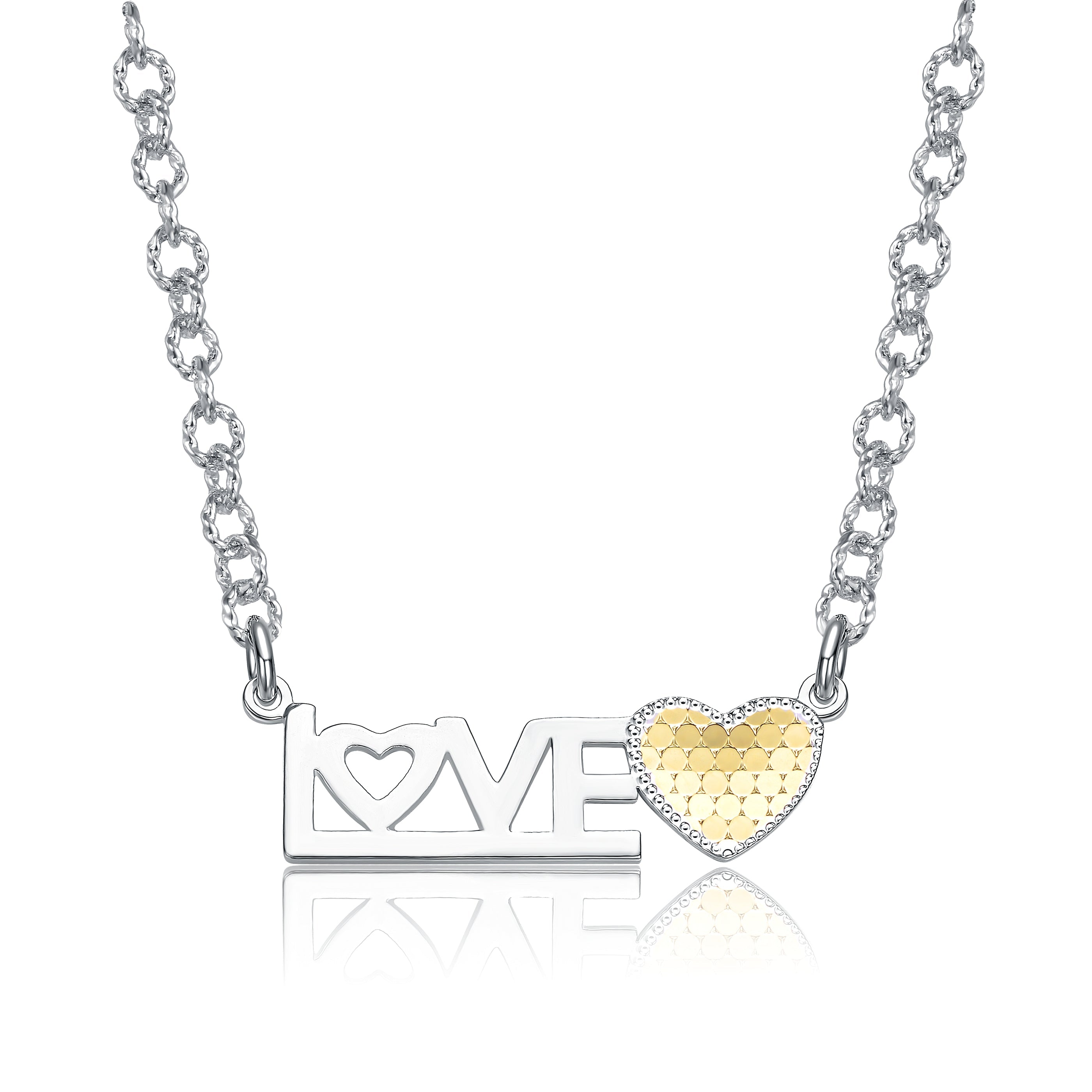  Rachel Glauber Two-Tone LOVE Heart Bar Pendant Layering Necklace, White Gold Plated & 14K Gold Plated - Default Title - Bonton