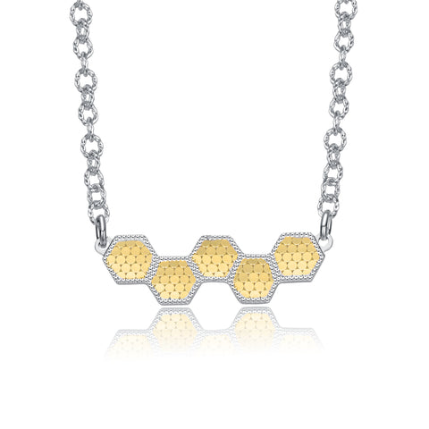 Two-Tone Textured Hexagonal Honeycomb Design Pendant Necklace, White Gold Plated & 14K Gold Plated