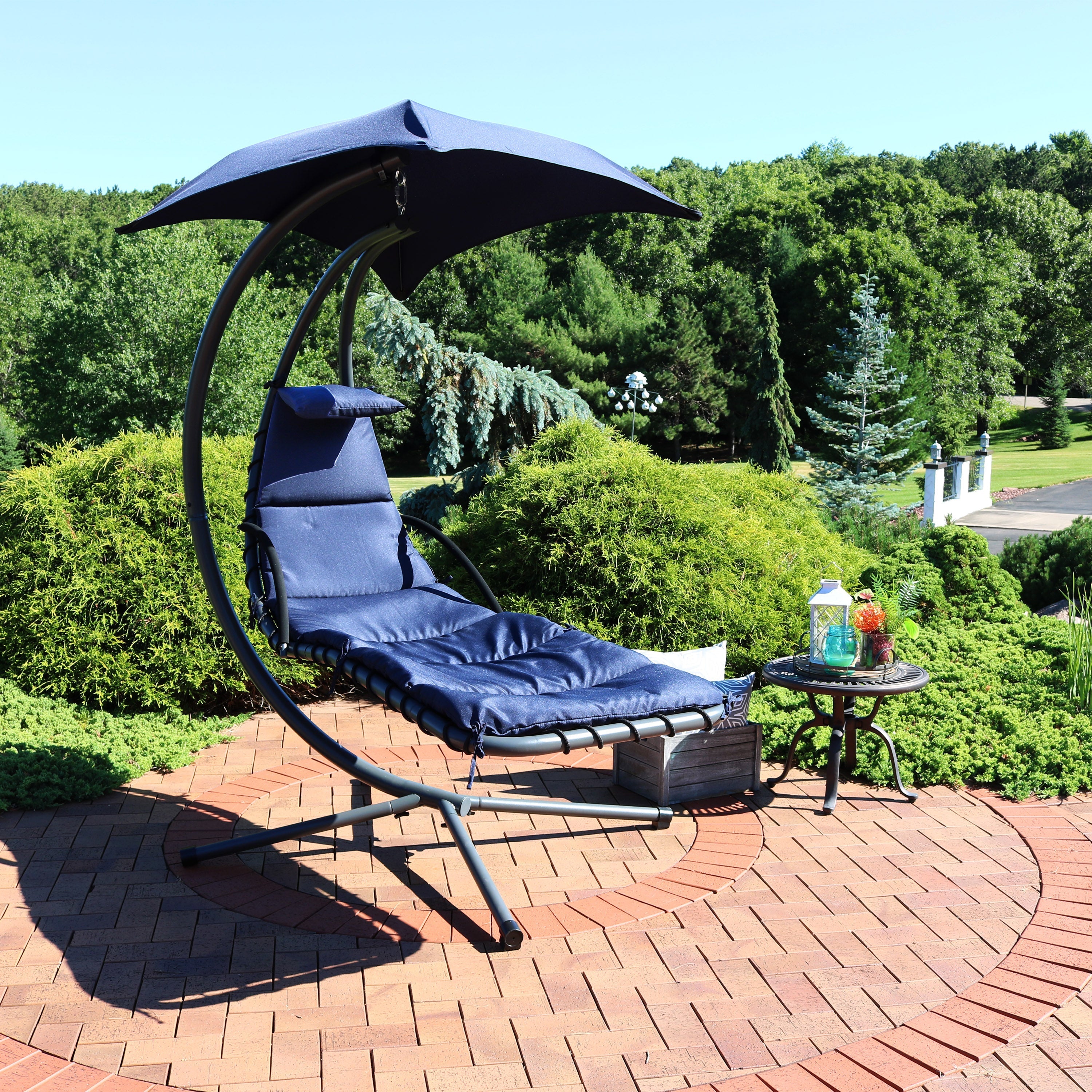  Sunnydaze Decor Hanging Chaise Floating Lounge Chair with Canopy Umbrella and Stand - Teal - Bonton