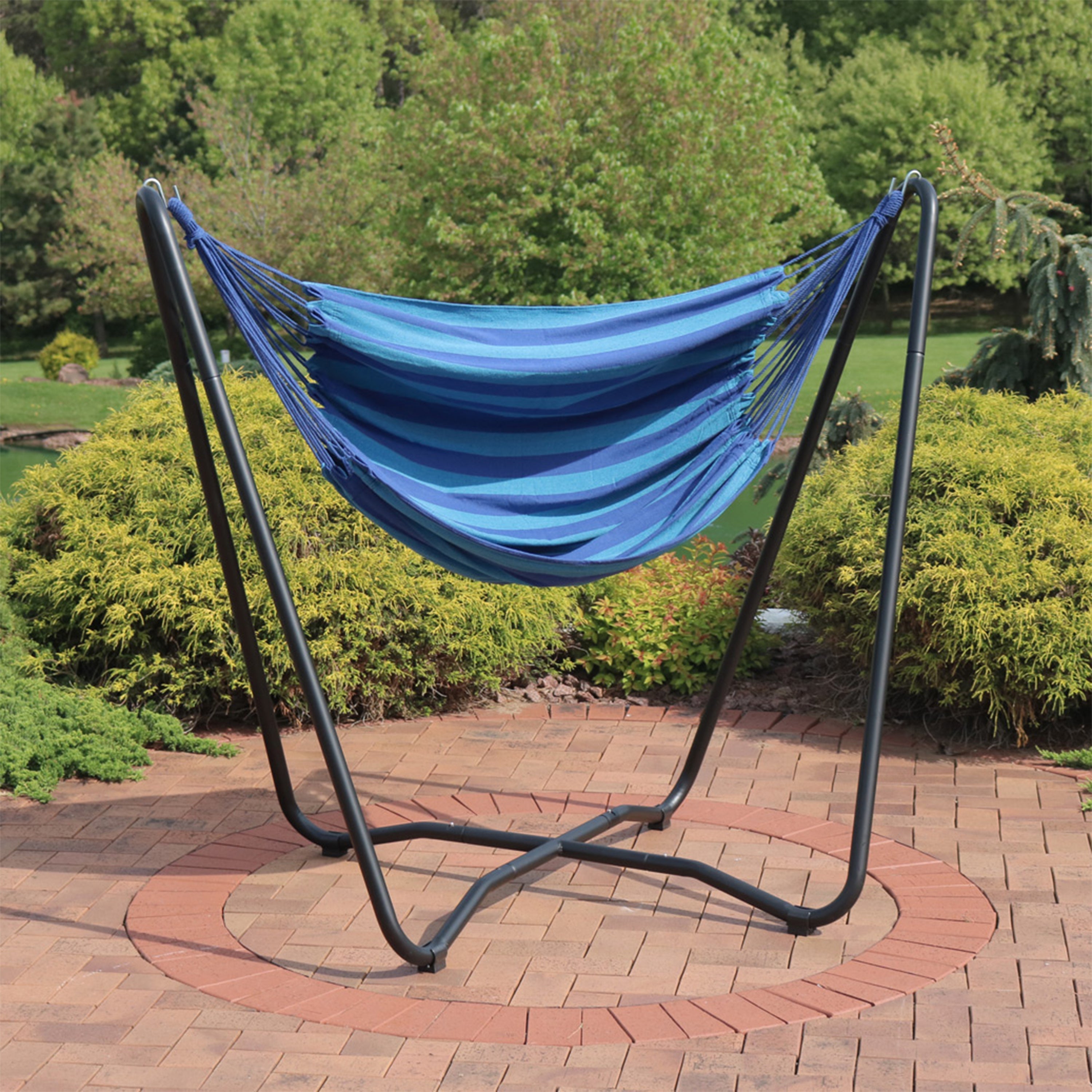  Sunnydaze Decor Hanging Rope Hammock Chair with Space-Saving Stand - 330 lb Weight Capacity - Beach Oasis - Bonton