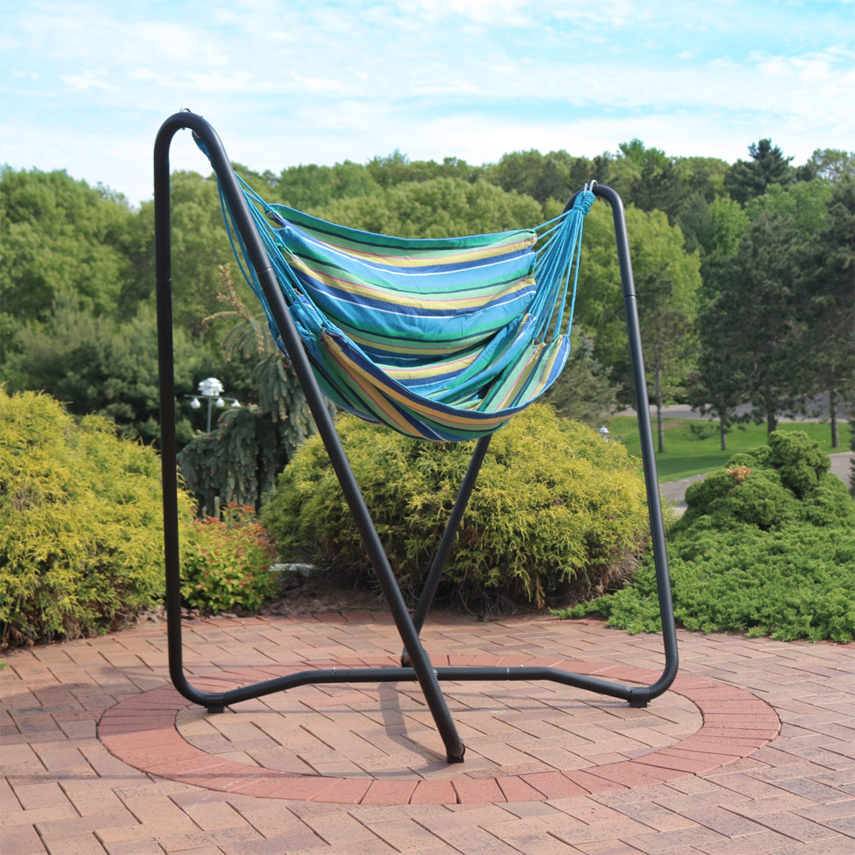  Sunnydaze Decor Hanging Rope Hammock Chair with Space-Saving Stand - 330 lb Weight Capacity - Ocean Breeze - Bonton