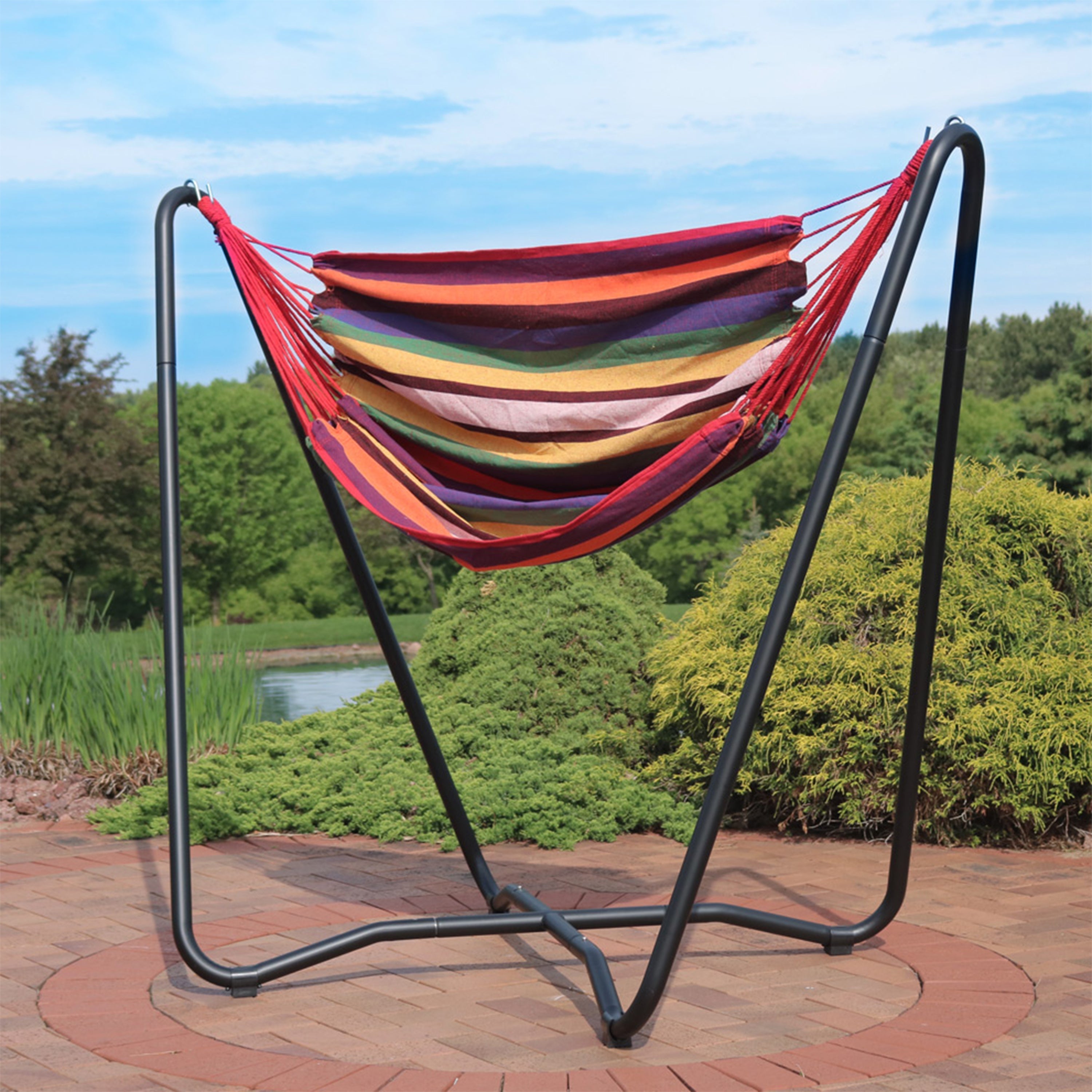  Sunnydaze Decor Hanging Rope Hammock Chair with Space-Saving Stand - 330 lb Weight Capacity - Ocean Breeze - Bonton