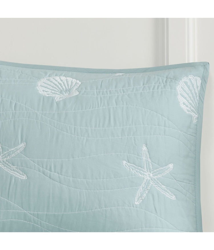 Seaside 4 Piece Cotton Reversible Embroidered Quilt Set with Throw Pillow Aqua