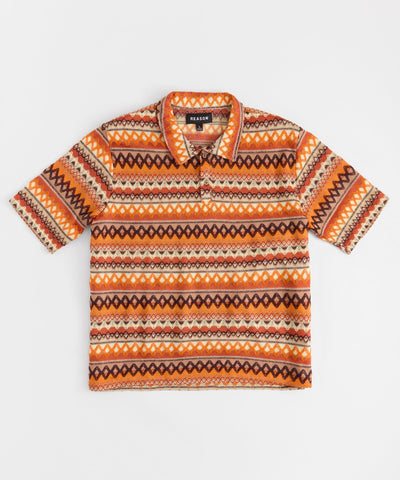 Jacquard Polo Short Sleeve Button Down Shirt - Brown