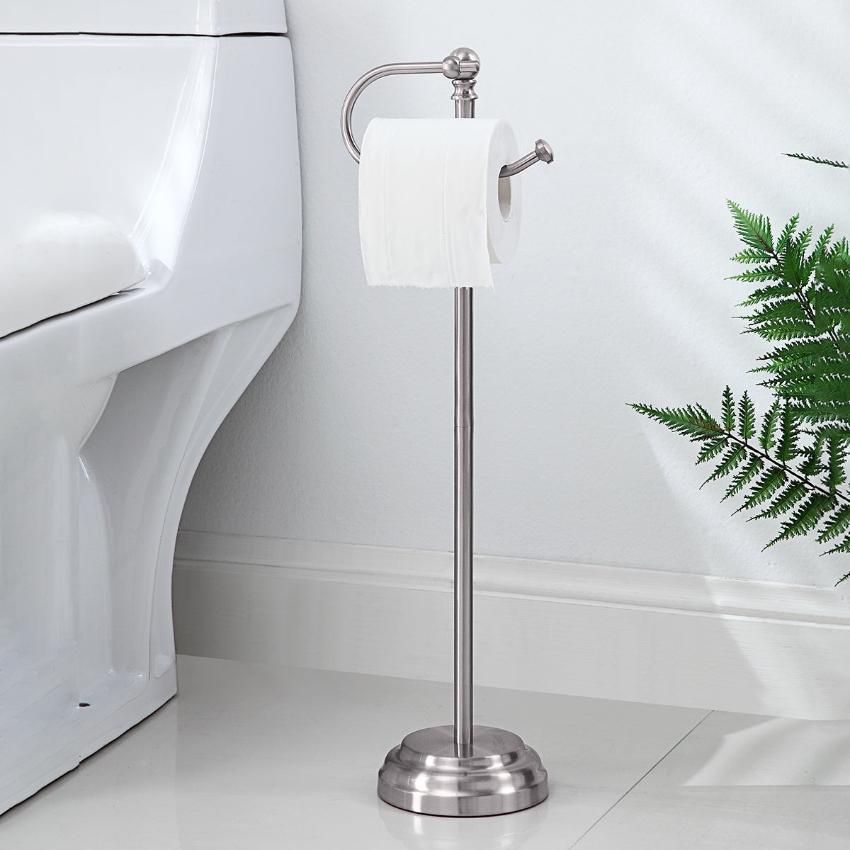  Classic Bathroom Free Standing Toilet Tissue Paper Roll Holder Stand - Silver - Bonton