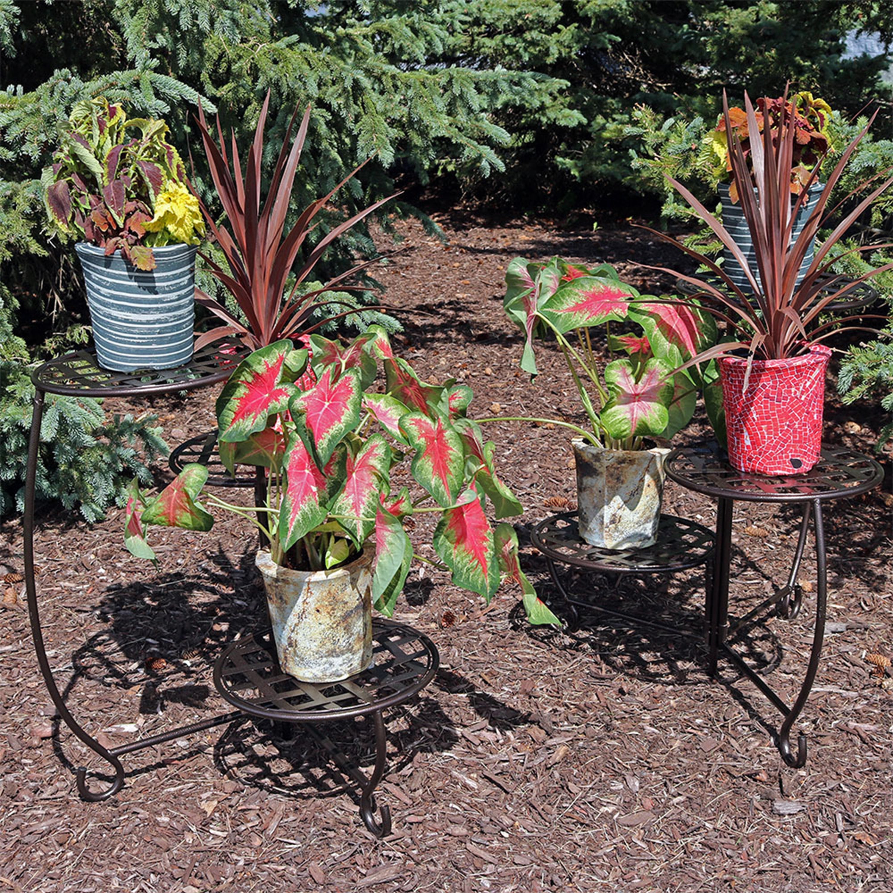  Sunnydaze Decor Steel Decorative Checker Top 3-Tiered Flower Plant Stand Display -Set of 2 - Bronze - Bonton