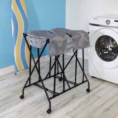 Double Bounce Back Hamper, Foldable 2 Bag Laundry Sorter on Wheels with Lid