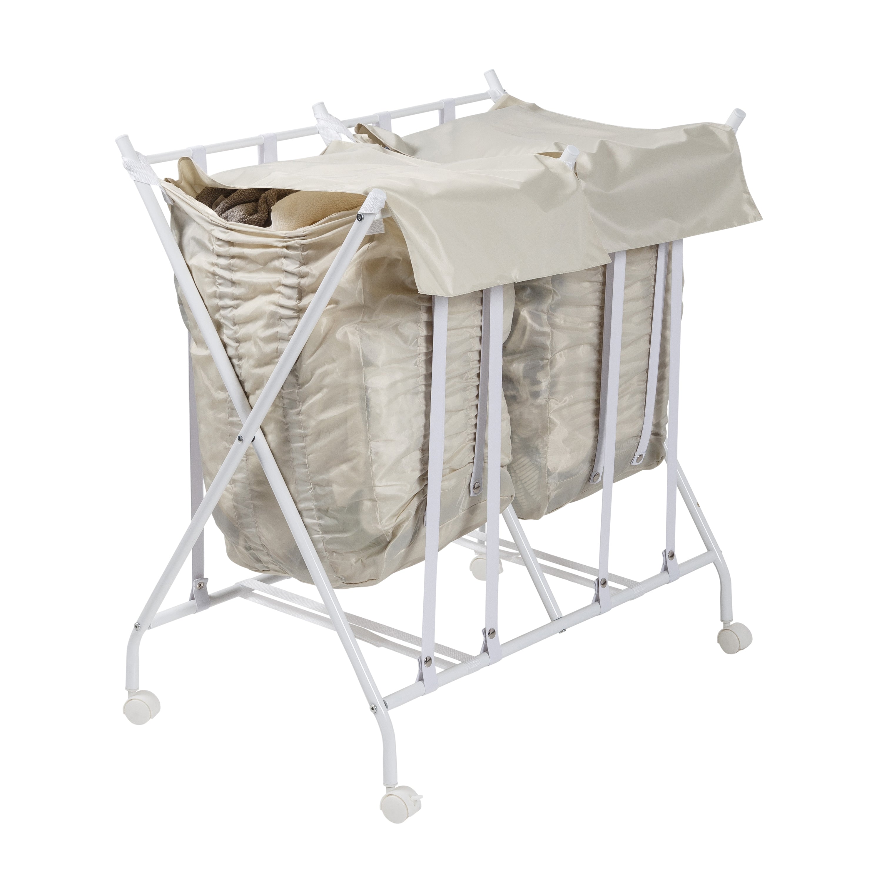  Honey-Can-Do Double Bounce Back Hamper, Foldable 2 Bag Laundry Sorter on Wheels with Lid - White - Bonton