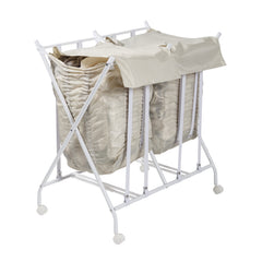 Double Bounce Back Hamper, Foldable 2 Bag Laundry Sorter on Wheels with Lid