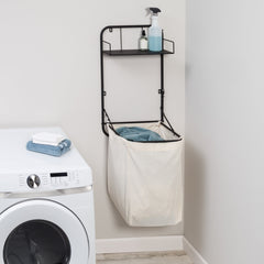 Collapsible Wall-Mounted Clothes Hamper with Canvas Bag and Laundry Shelf