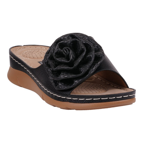 Women's Honey Black Flower Rosette Flat Comfort Sandals