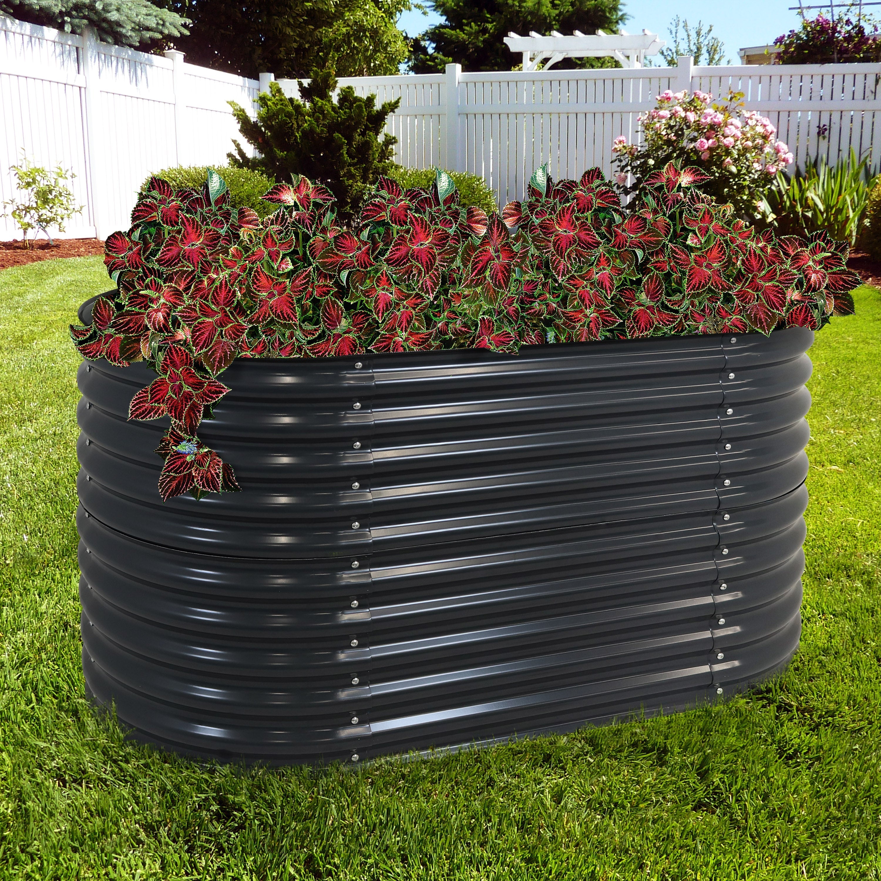  Sunnydaze Decor Oval Steel Raised Garden Bed - Dark Gray - Bonton