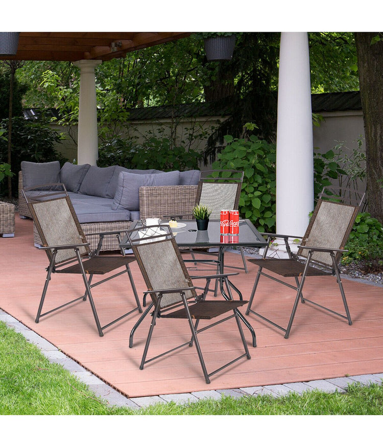 Patio Folding Steel Textilene Sling Chairs For Camping Deck Garden Pool Set of 4 Coffee