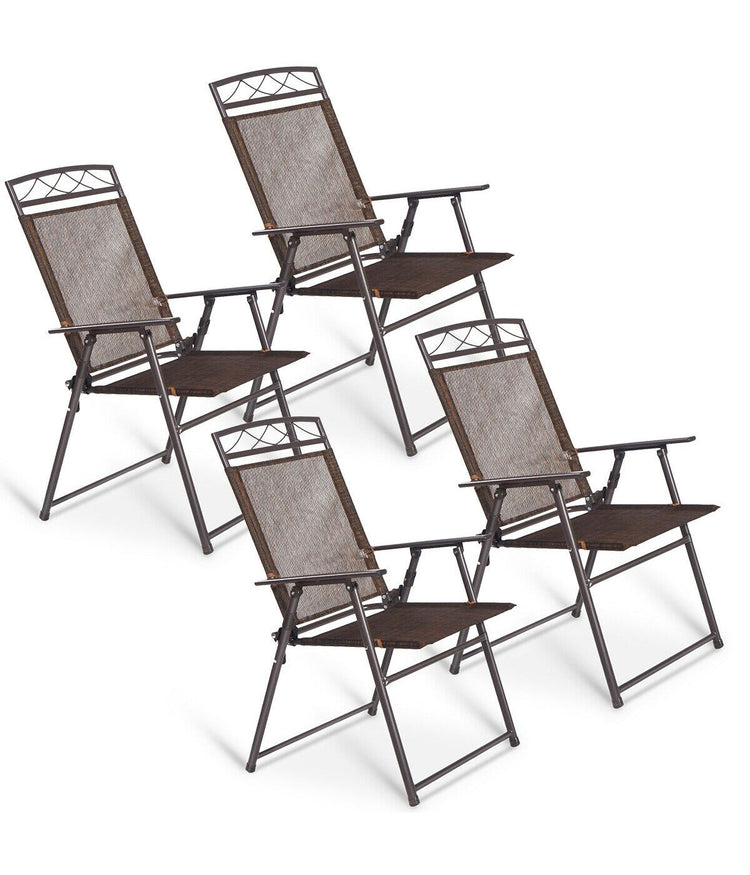 Patio Folding Steel Textilene Sling Chairs For Camping Deck Garden Pool Set of 4 Coffee
