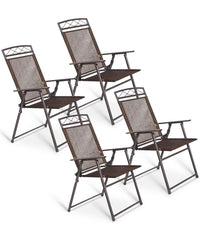 Patio Folding Steel Textilene Sling Chairs For Camping Deck Garden Pool Set of 4 Coffee