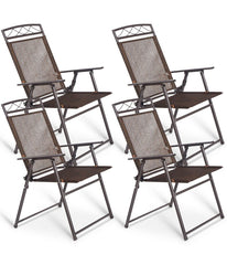 Patio Folding Steel Textilene Sling Chairs For Camping Deck Garden Pool Set of 4 Coffee