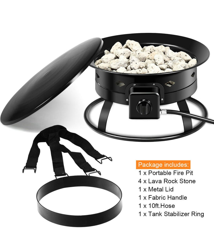 58,000 BTU Propane Patio Portable Fire Pit With Lava Rocks For Camping Events Black